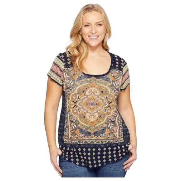 LUCKY BRAND Women's 1X Navy Blue Persian Carpet Rug Boho Lightweight Graphic Tee - Picture 2 of 15